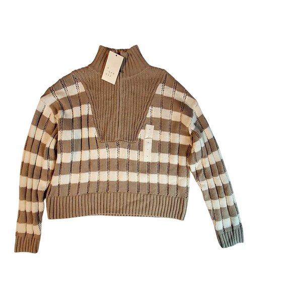 Plaid Mock Neck Sweater By A New Day In Taupe & Cream Acrylic/Cotton Blend Siz S - Picture 1 of 12